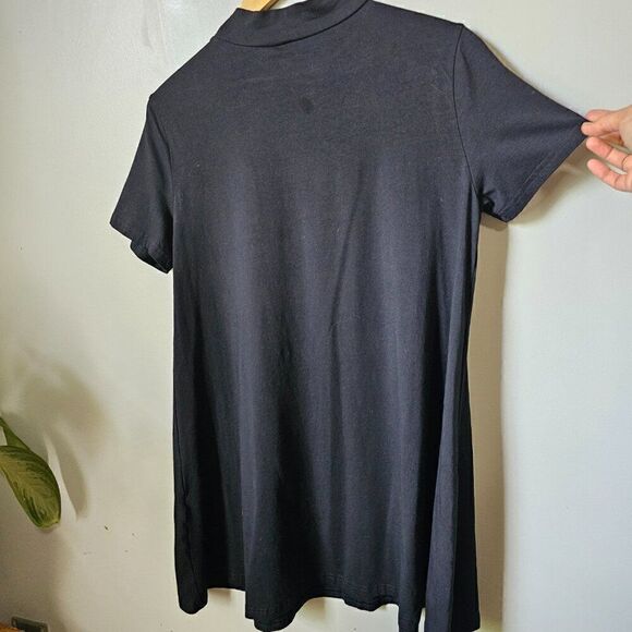 EUC BLACK MINIMALIST MOCK NECK A LINE COTTON BLEND SHIRT DRESS SIZE L - Picture 3 of 13